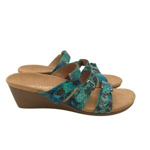 Vionic Dwyn Women's 6 Slide Wedge Sandals Teal Snake Print Adjustable Comfort